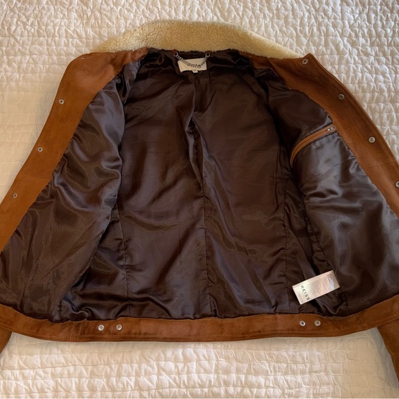 REISS Tobacco Brown Suede Leather Trucker Jacket Shearing Collar Extra Small XS - Picture 9 of 14